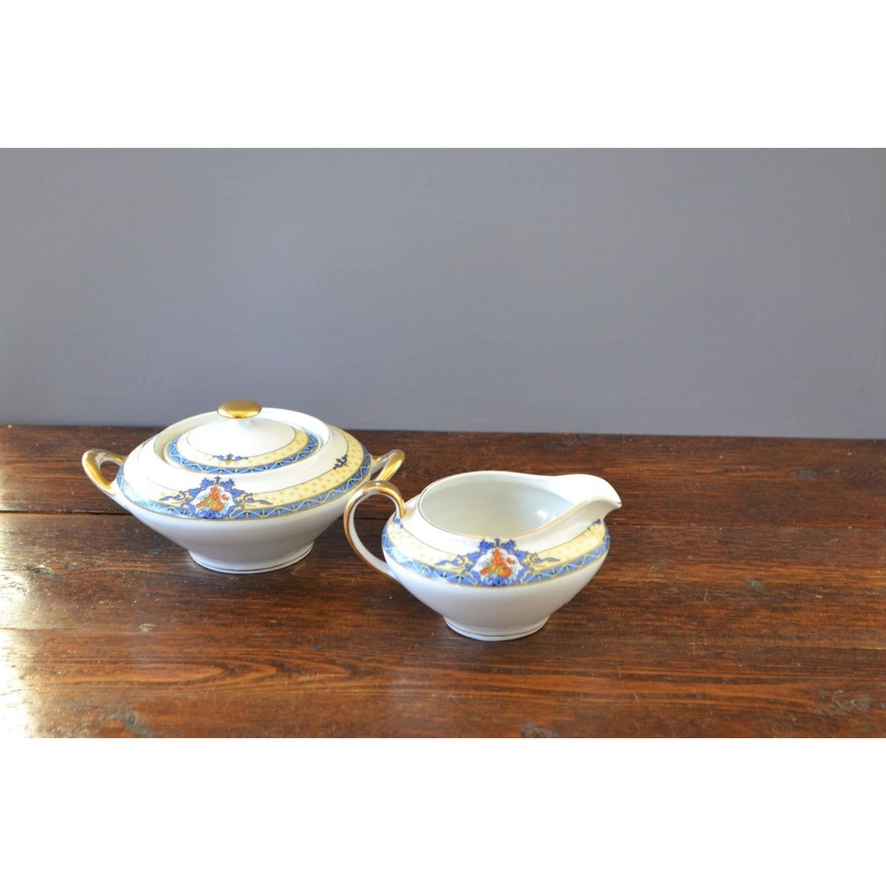 Oxford by Victoria Czechoslovakia Cream & Sugar Blue Yellow Fruit Porcelain Gold